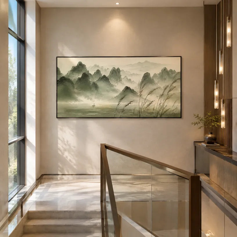 Modern Ukiyo-E landscapes & seascapes & cityscapes oil painting showing a painterly landscape with distant hills, trees or reflective water in a yellow palette.