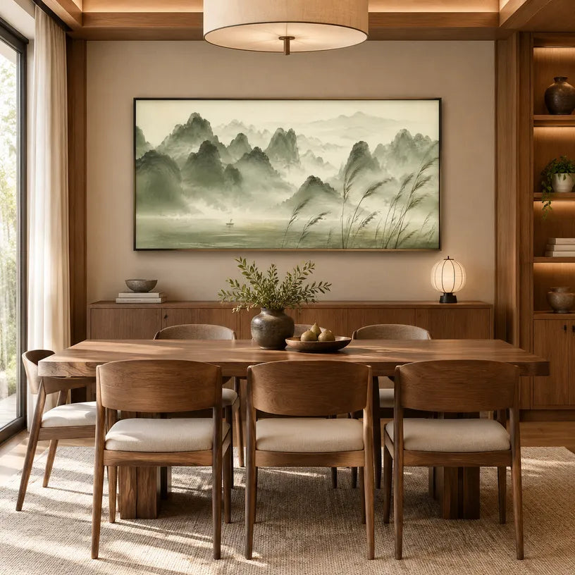 Modern Ukiyo-E landscapes & seascapes & cityscapes oil painting showing a painterly landscape with distant hills, trees or reflective water in a yellow palette.