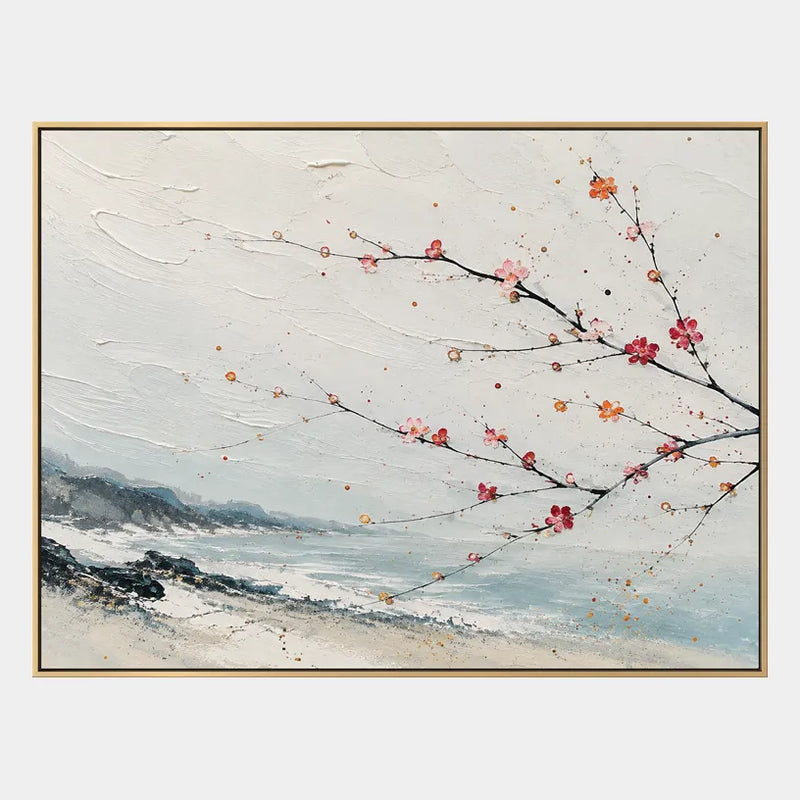 Modernes Blumen-/Pflanzen- und Naturölgemälde von Ukiyo-E mit botanischen Formen, Blumen oder natürlichen Elementen in einer malerischen Komposition.
