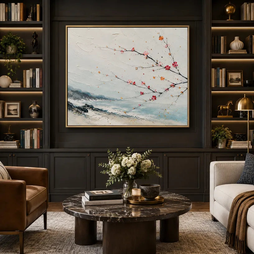 Modern Ukiyo-E landscapes & seascapes & cityscapes oil painting showing a painterly landscape with distant hills, trees or reflective water in a grey palette.
