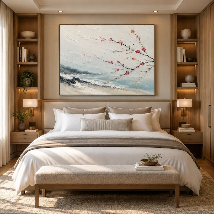 Modern Ukiyo-E landscapes & seascapes & cityscapes oil painting showing a painterly landscape with distant hills, trees or reflective water in a grey palette.