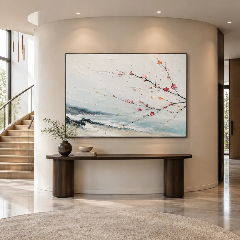 Modern Ukiyo-E landscapes & seascapes & cityscapes oil painting showing a painterly landscape with distant hills, trees or reflective water in a grey palette.