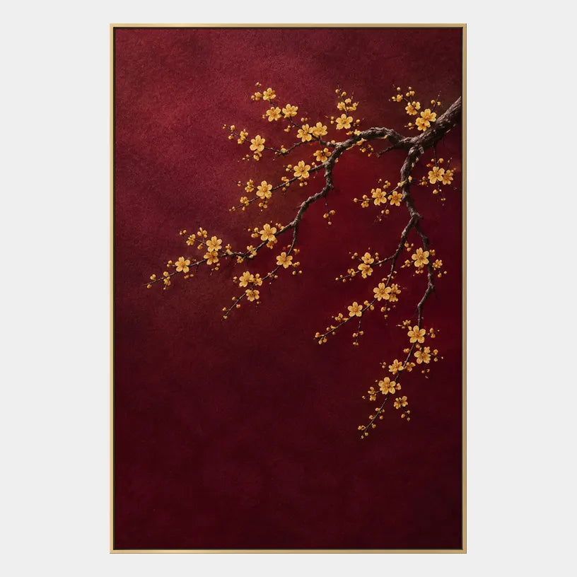 Modern Ukiyo-E floral/botanicals & nature oil painting showing botanical forms, flowers or trees arranged in a calm painterly composition in a red palette.