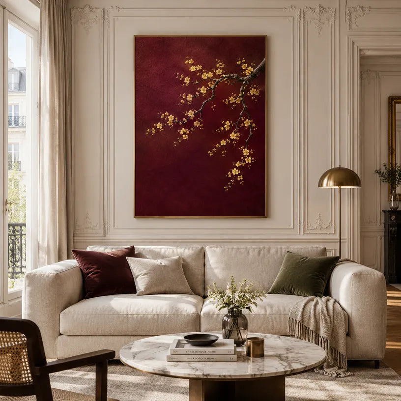 Modern Ukiyo-E floral/botanicals & nature oil painting showing botanical forms, flowers or trees arranged in a calm painterly composition in a red palette.