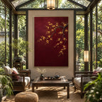 Modern Ukiyo-E floral/botanicals & nature oil painting showing botanical forms, flowers or trees arranged in a calm painterly composition in a red palette.