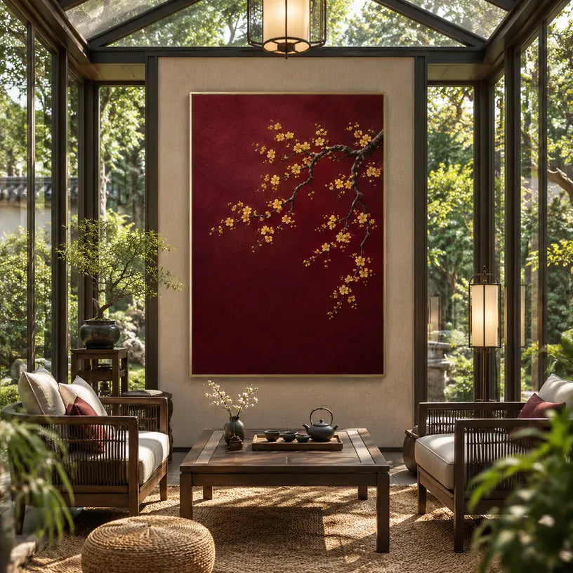 Modern Ukiyo-E floral/botanicals & nature oil painting showing botanical forms, flowers or trees arranged in a calm painterly composition in a red palette.