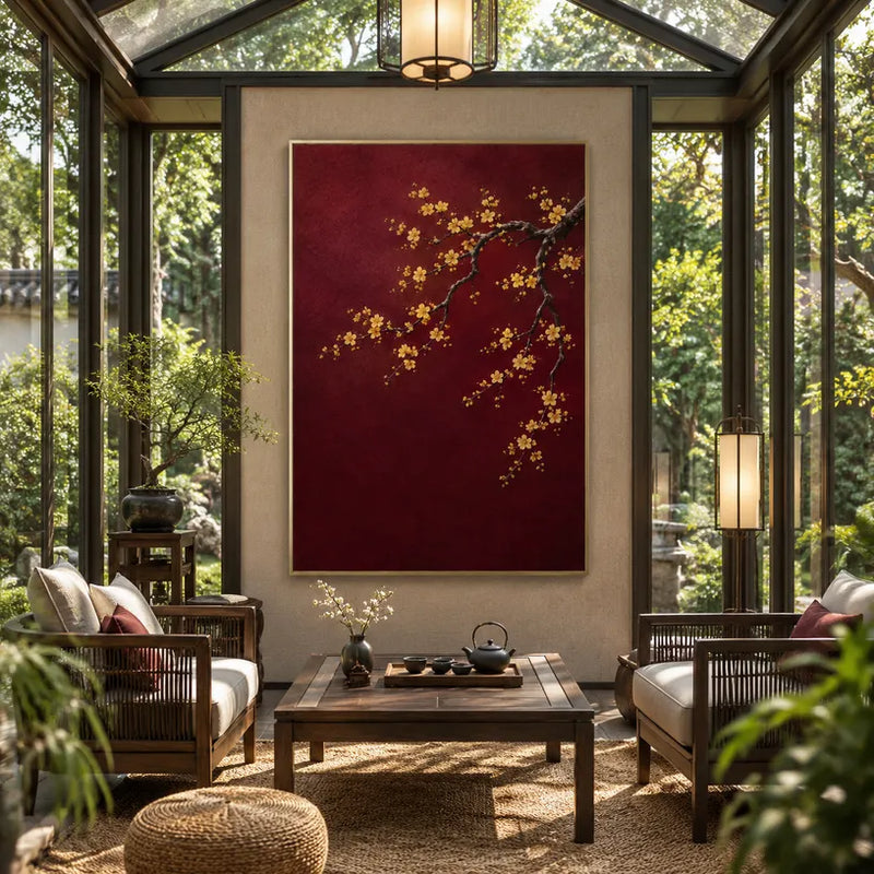 Moderno dipinto a olio floreale/botanico e naturale Ukiyo-E con forme botaniche, fiori o elementi naturali in una composizione pittorica in una tavolozza rossa.