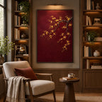 Modern Ukiyo-E floral/botanicals & nature oil painting showing botanical forms, flowers or trees arranged in a calm painterly composition in a red palette.