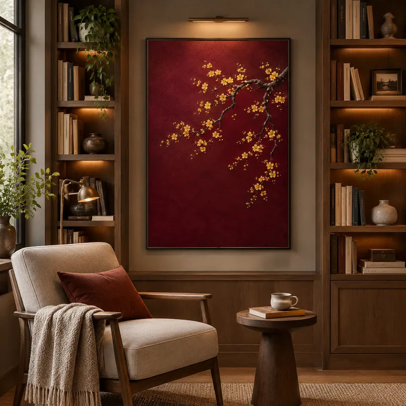 Modern Ukiyo-E floral/botanicals & nature oil painting showing botanical forms, flowers or trees arranged in a calm painterly composition in a red palette.