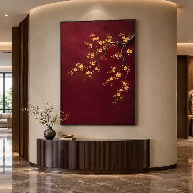 Modern Ukiyo-E floral/botanicals & nature oil painting showing botanical forms, flowers or trees arranged in a calm painterly composition in a red palette.
