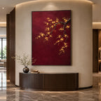 Modern Ukiyo-E floral/botanicals & nature oil painting showing botanical forms, flowers or trees arranged in a calm painterly composition in a red palette.
