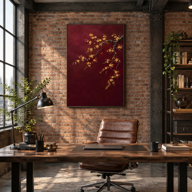 Modern Ukiyo-E floral/botanicals & nature oil painting showing botanical forms, flowers or trees arranged in a calm painterly composition in a red palette.
