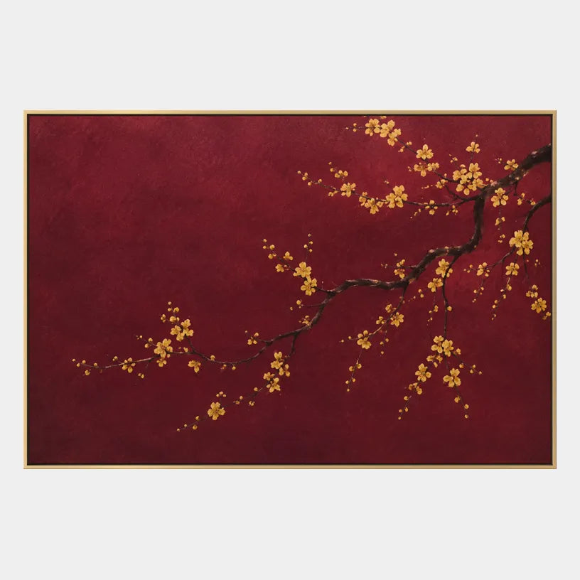 Modern Ukiyo-E floral/botanicals & nature oil painting showing botanical forms, flowers or trees arranged in a calm painterly composition in a red palette.