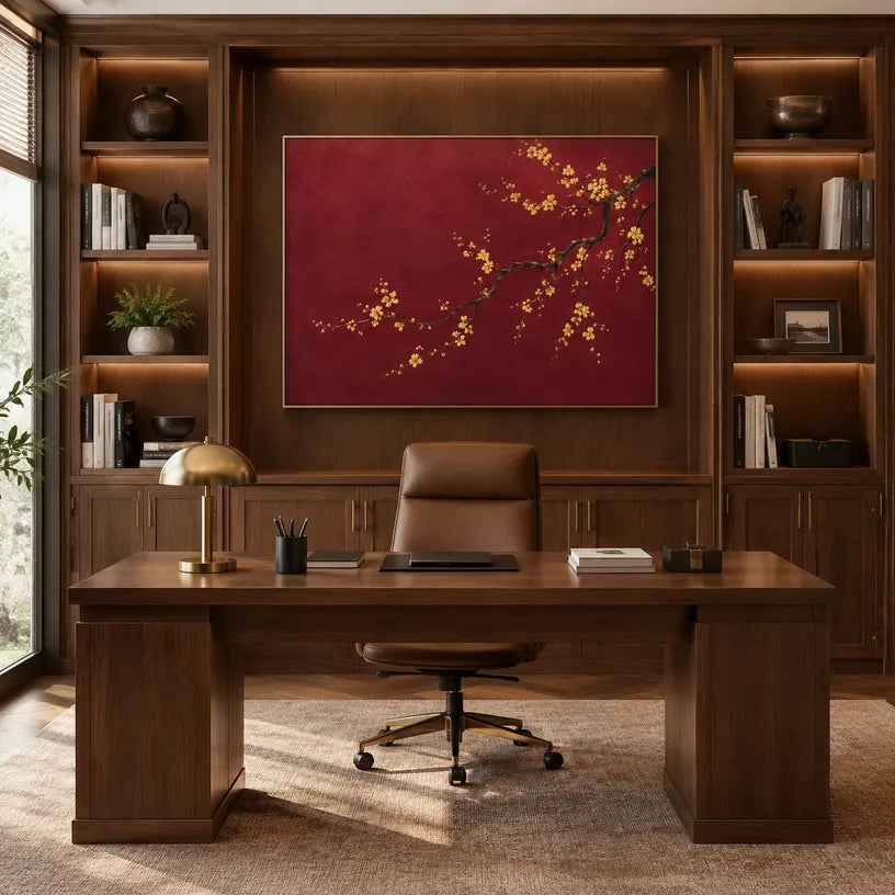 Modern Ukiyo-E floral/botanicals & nature oil painting showing botanical forms, flowers or trees arranged in a calm painterly composition in a red palette.