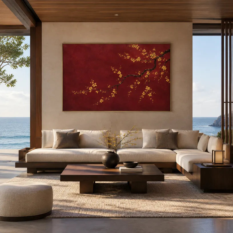 Modern Ukiyo-E floral/botanicals & nature oil painting showing botanical forms, flowers or trees arranged in a calm painterly composition in a red palette.