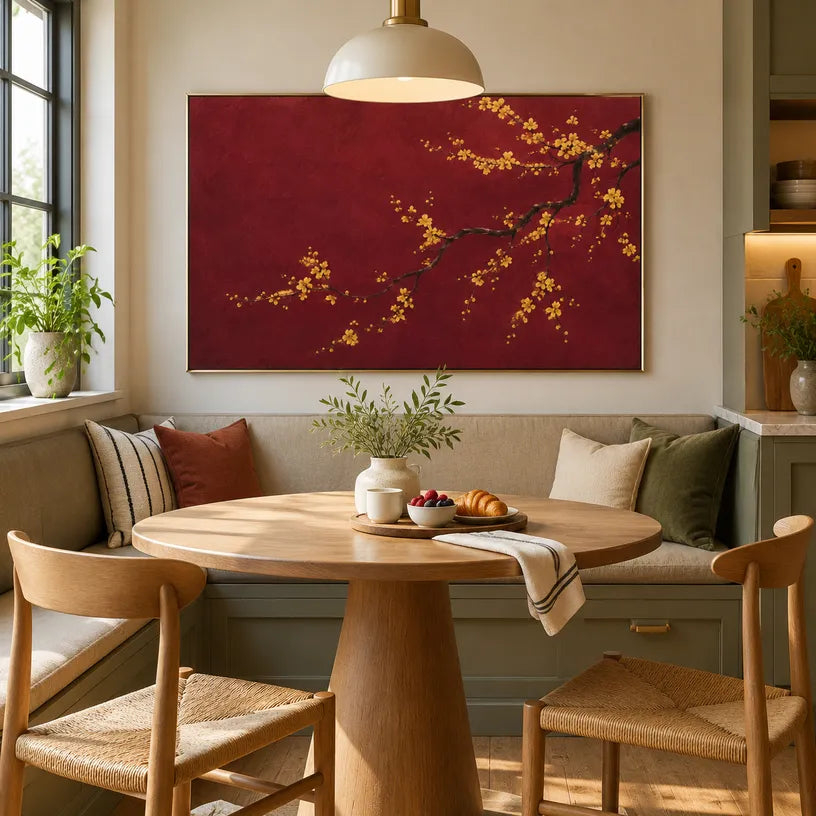 Modern Ukiyo-E floral/botanicals & nature oil painting showing botanical forms, flowers or trees arranged in a calm painterly composition in a red palette.