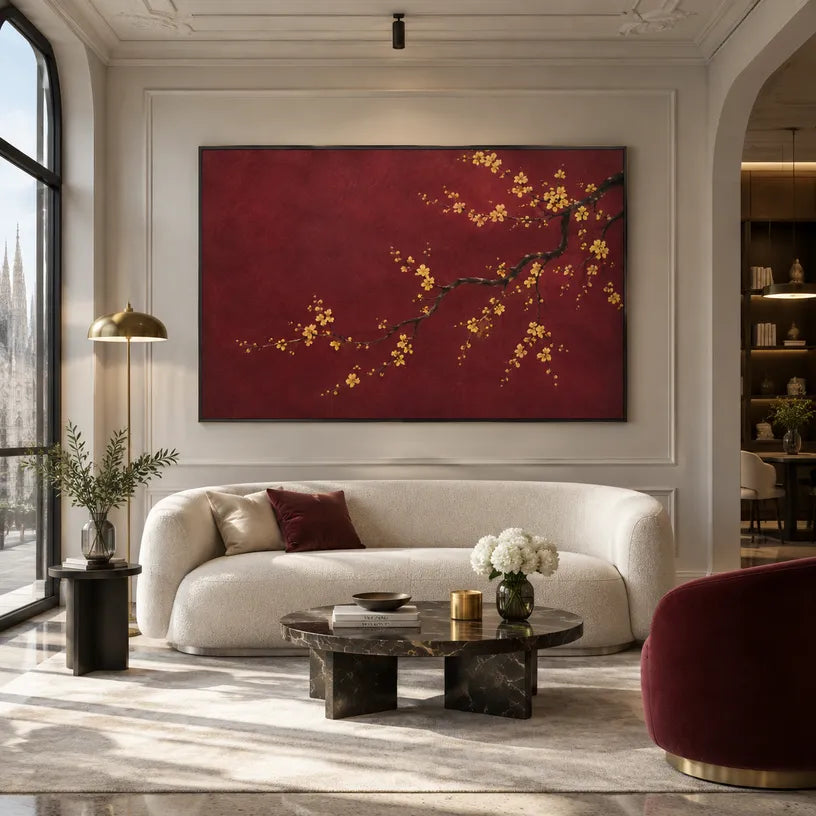 Modern Ukiyo-E floral/botanicals & nature oil painting showing botanical forms, flowers or trees arranged in a calm painterly composition in a red palette.