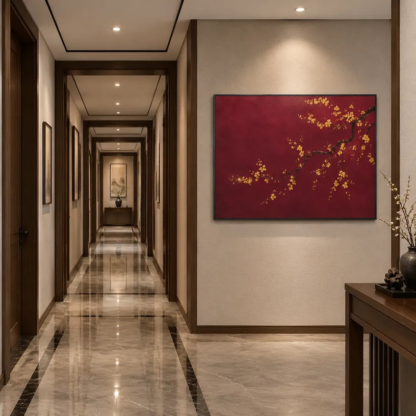 Modern Ukiyo-E floral/botanicals & nature oil painting showing botanical forms, flowers or trees arranged in a calm painterly composition in a red palette.