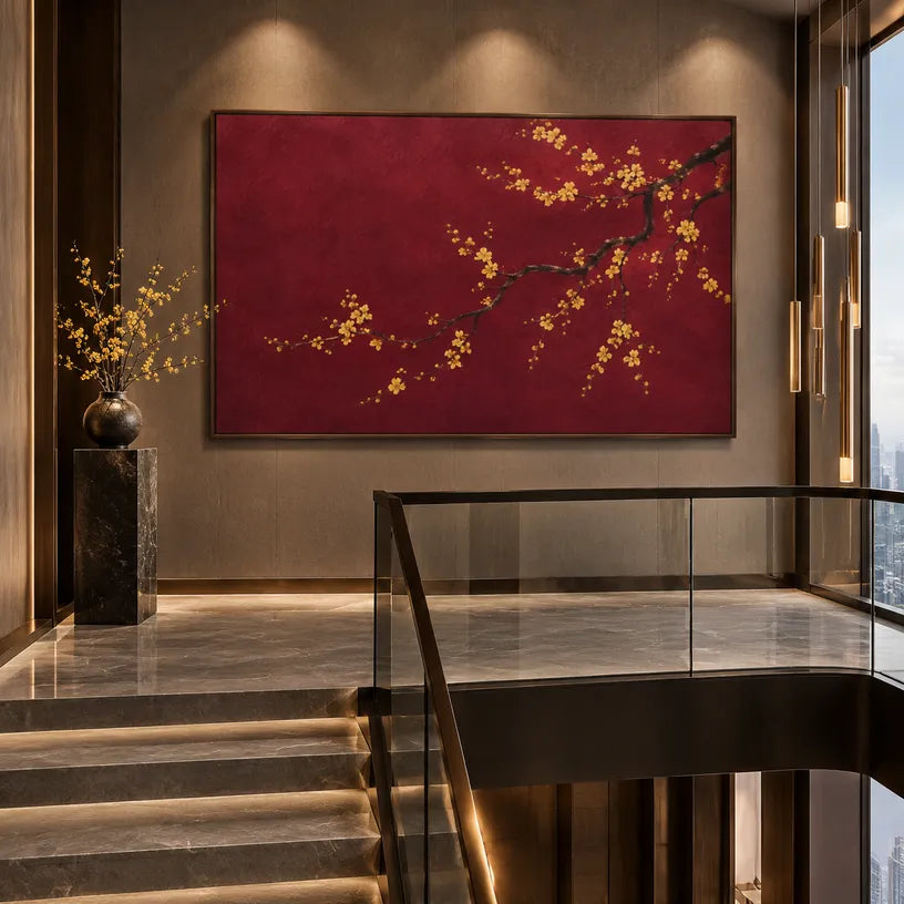 Modern Ukiyo-E floral/botanicals & nature oil painting showing botanical forms, flowers or trees arranged in a calm painterly composition in a red palette.