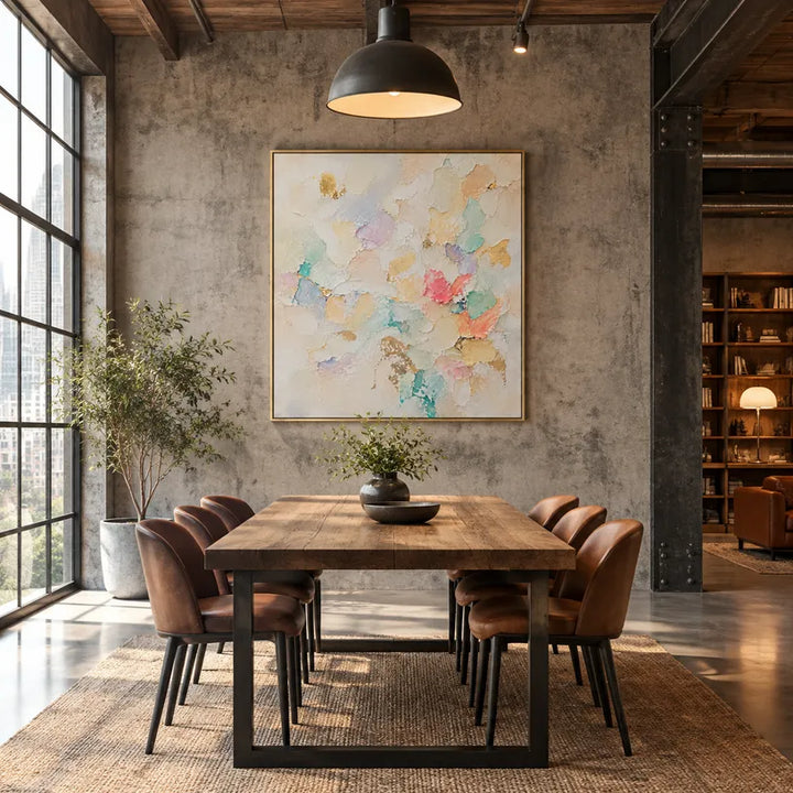 Pittura a olio astratta e concettuale in gesso e texture con segni astratti stratificati, texture e movimento pittorico espressivo in una tavolozza beige.