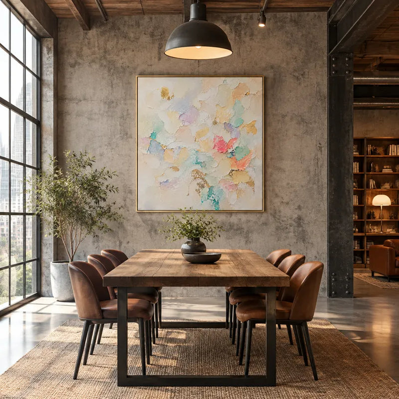 Pittura a olio astratta e concettuale in gesso e texture con segni astratti stratificati, texture e movimento pittorico espressivo in una tavolozza beige.