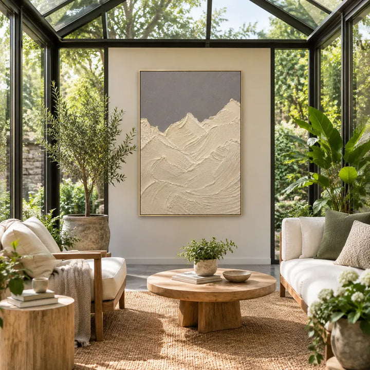 Pittura a olio di paesaggi, paesaggi marini e paesaggi urbani in gesso e struttura con un paesaggio atmosferico, una composizione ispirata al paesaggio marino o alla città in una tavolozza beige.