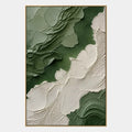 Pittura a olio astratta e concettuale in gesso e texture con segni astratti stratificati, texture e movimento pittorico espressivo in una tavolozza verde.