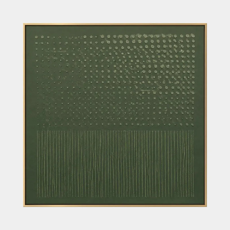 Peinture à l'huile abstraite et conceptuelle en plâtre et texture présentant des marques abstraites superposées, une texture et un mouvement pictural expressif dans une palette verte.