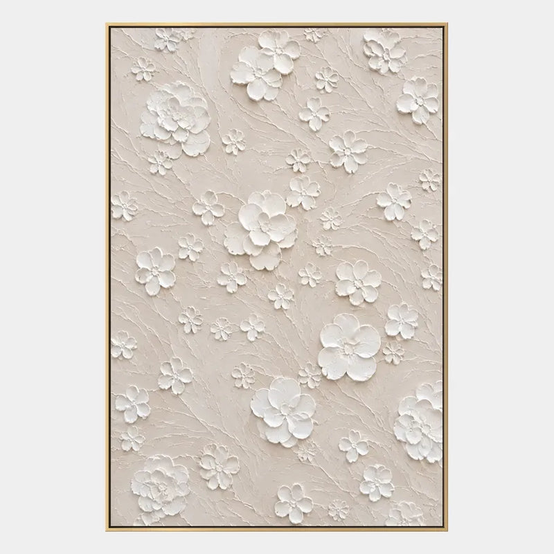 Pittura a olio floreale/botanica e naturale in gesso e texture con forme botaniche, fiori o elementi naturali in una composizione pittorica in una tavolozza beige.