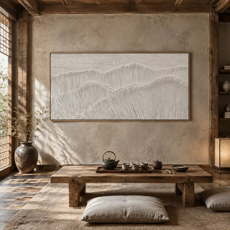Peinture à l'huile de paysages, de paysages marins et de paysages urbains en plâtre et texture présentant un paysage atmosphérique, un paysage marin ou une composition inspirée de la ville dans une palette de gris.