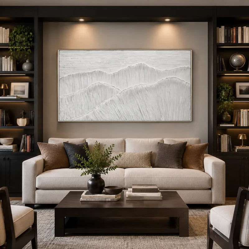 Peinture à l'huile de paysages, de paysages marins et de paysages urbains en plâtre et texture présentant un paysage atmosphérique, un paysage marin ou une composition inspirée de la ville dans une palette de gris.