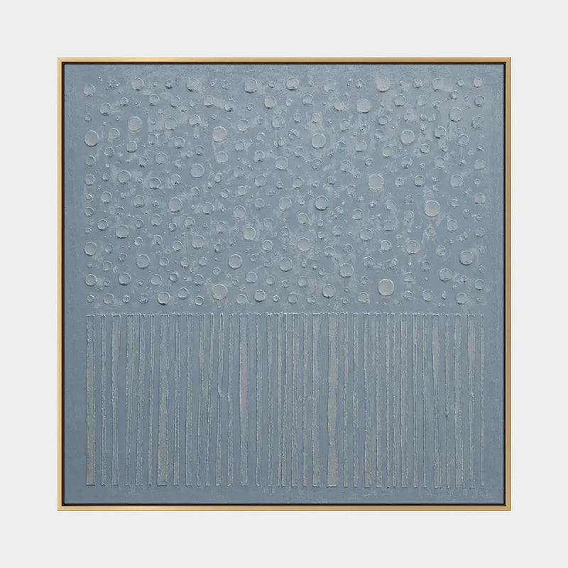 Abstraktes und konzeptuelles Ölgemälde aus Gips und Textur mit geschichteten abstrakten Zeichen, Textur und ausdrucksstarker malerischer Bewegung in einer blauen Palette.