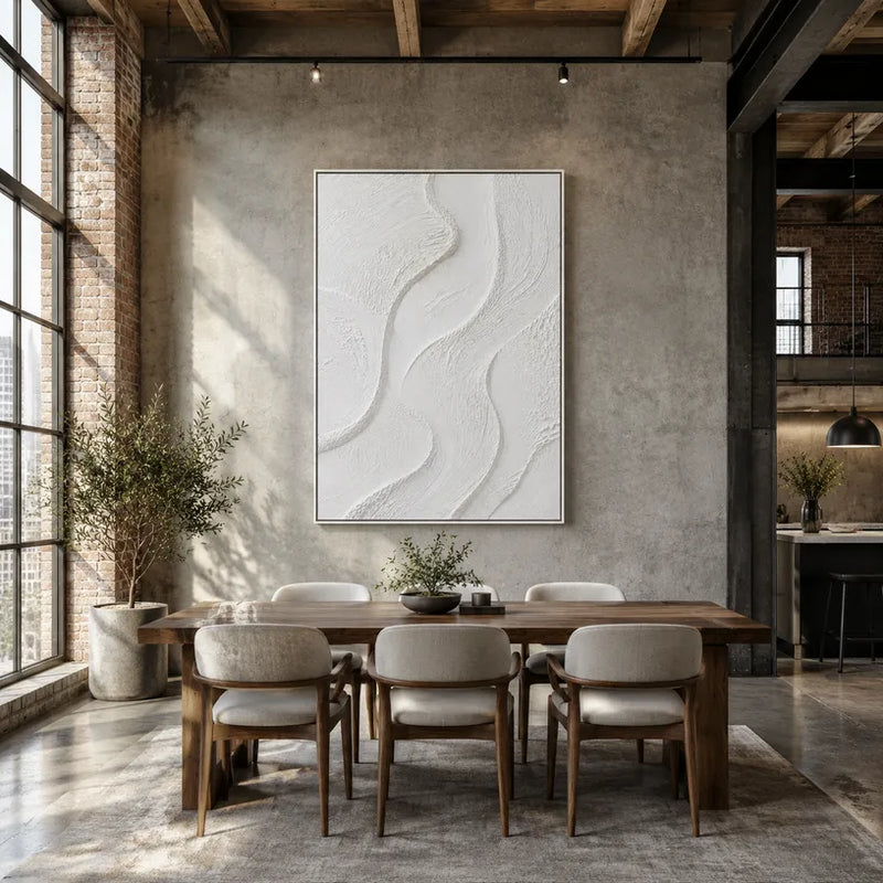 Pittura a olio astratta e concettuale in gesso e texture con segni astratti stratificati, texture e movimento pittorico espressivo in una tavolozza in bianco e nero.