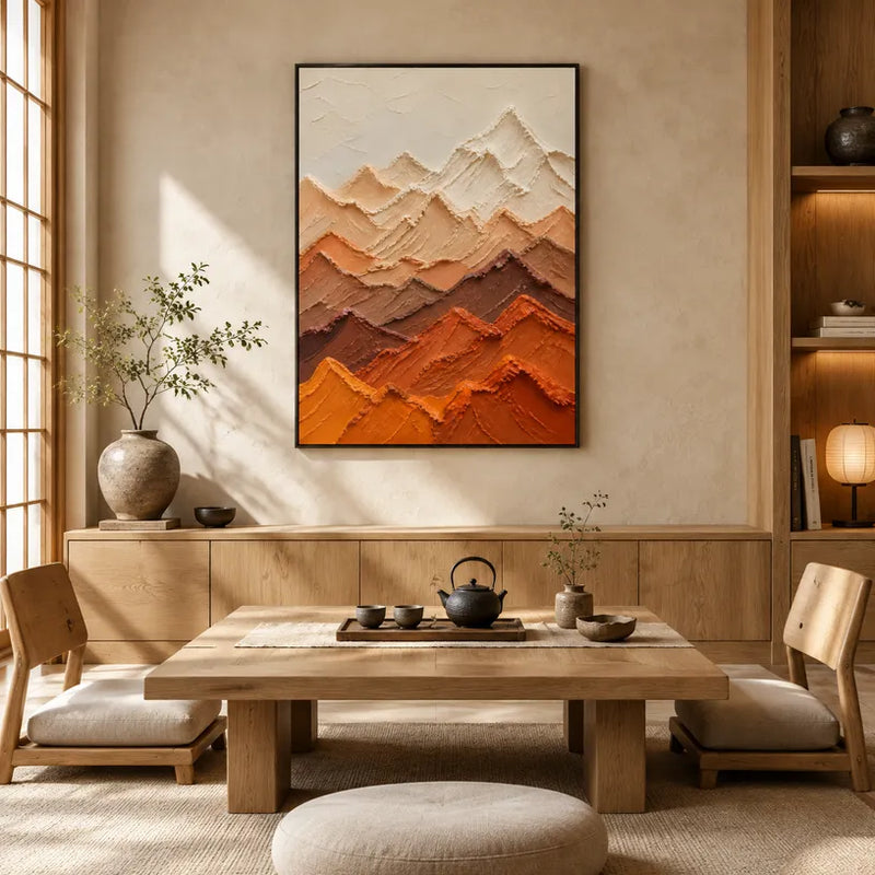 Pittura a olio di paesaggi, paesaggi marini e paesaggi urbani in gesso e struttura con un paesaggio atmosferico, un paesaggio marino o una composizione ispirata alla città in una tavolozza arancione.