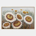 Peinture à l'huile florale/botanique et naturelle en plâtre et texture présentant des formes botaniques, des fleurs ou des éléments naturels dans une composition picturale dans une palette jaune.