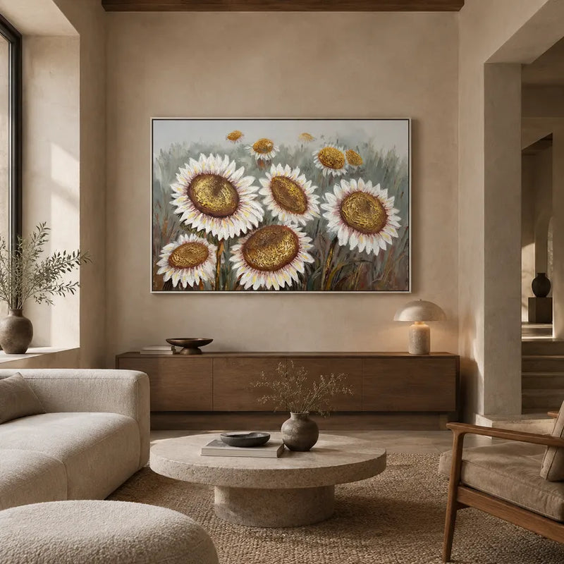 Peinture à l'huile florale/botanique et naturelle en plâtre et texture présentant des formes botaniques, des fleurs ou des éléments naturels dans une composition picturale dans une palette jaune.