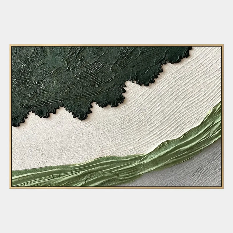 Pittura a olio astratta e concettuale in gesso e texture con segni astratti stratificati, texture e movimento pittorico espressivo in una tavolozza verde.
