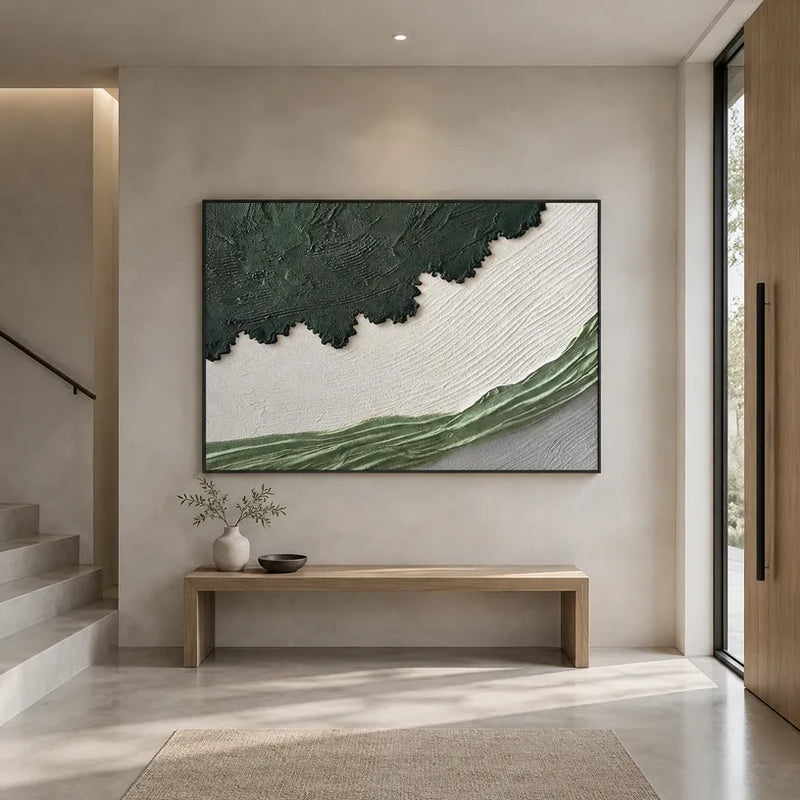 Pittura a olio astratta e concettuale in gesso e texture con segni astratti stratificati, texture e movimento pittorico espressivo in una tavolozza verde.