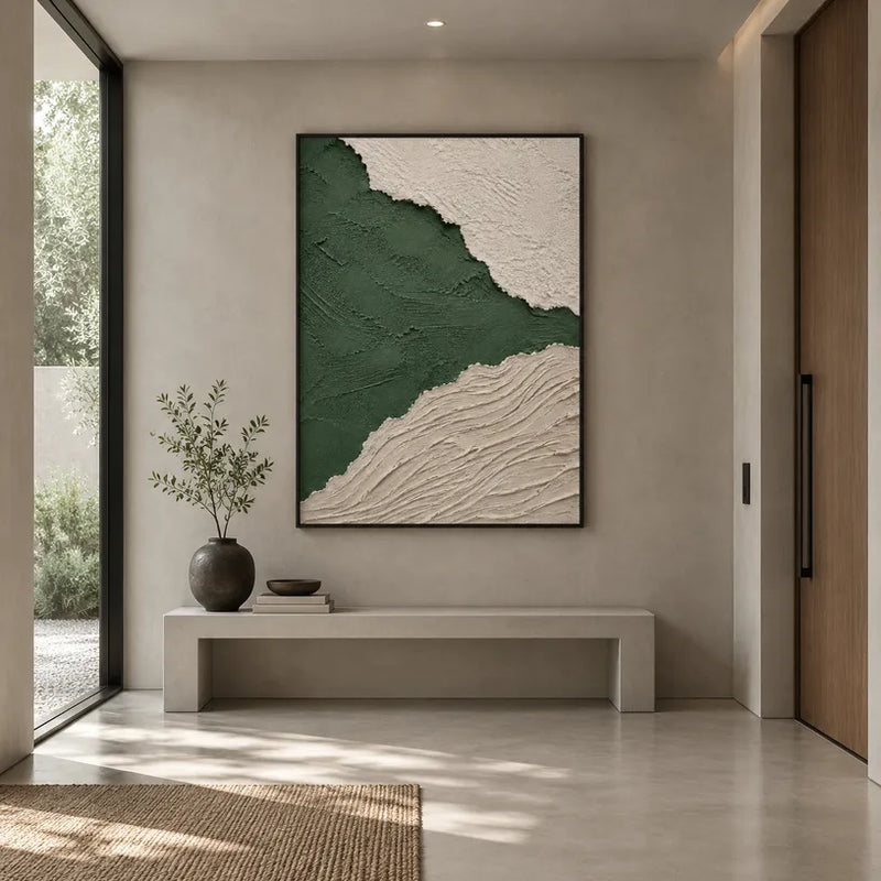 Peinture à l'huile abstraite et conceptuelle en plâtre et texture présentant des marques abstraites superposées, une texture et un mouvement pictural expressif dans une palette verte.