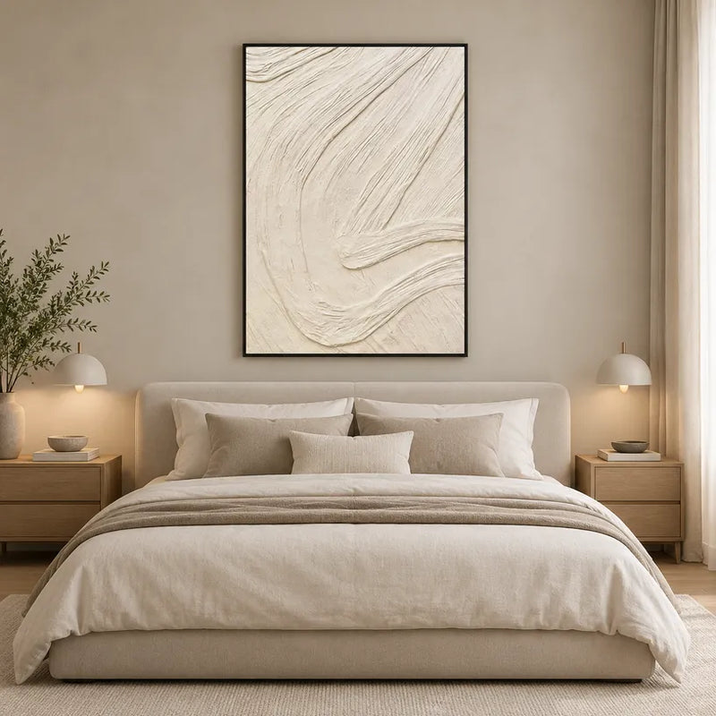 Peinture à l'huile abstraite et conceptuelle en plâtre et texture présentant des marques abstraites superposées, une texture et un mouvement pictural expressif dans une palette beige.