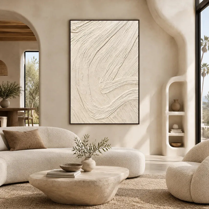 Peinture à l'huile abstraite et conceptuelle en plâtre et texture présentant des marques abstraites superposées, une texture et un mouvement pictural expressif dans une palette beige.