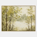 Peinture à l'huile de paysages, de paysages marins et de paysages urbains en plâtre et texture présentant un paysage atmosphérique, un paysage marin ou une composition inspirée de la ville dans une palette verte.