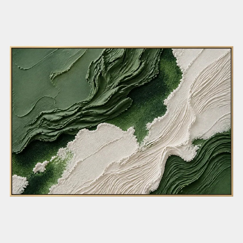 Abstraktes und konzeptuelles Ölgemälde aus Gips und Textur mit geschichteten abstrakten Zeichen, Textur und ausdrucksstarker malerischer Bewegung in einer grünen Palette.