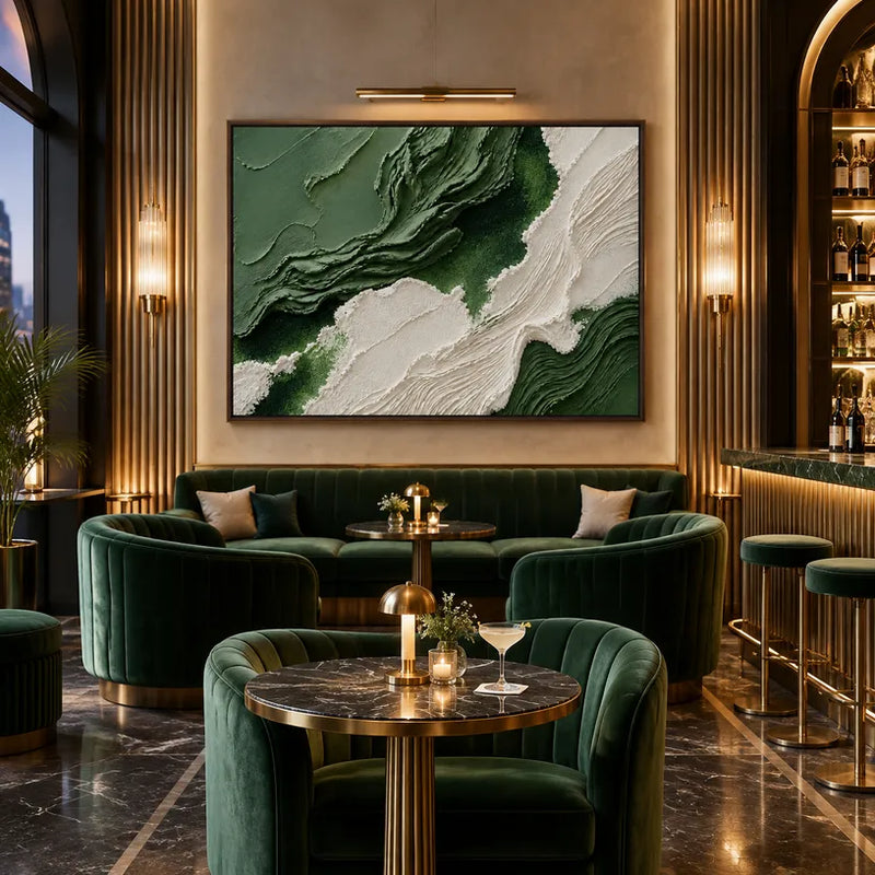 Abstraktes und konzeptuelles Ölgemälde aus Gips und Textur mit geschichteten abstrakten Zeichen, Textur und ausdrucksstarker malerischer Bewegung in einer grünen Palette.