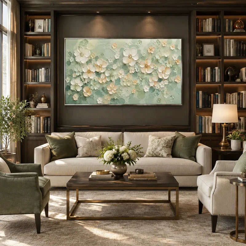 Blumen-/Pflanzen- und Naturölgemälde aus Gips und Textur mit botanischen Formen, Blumen oder natürlichen Elementen in einer malerischen Komposition in einer grünen Palette.