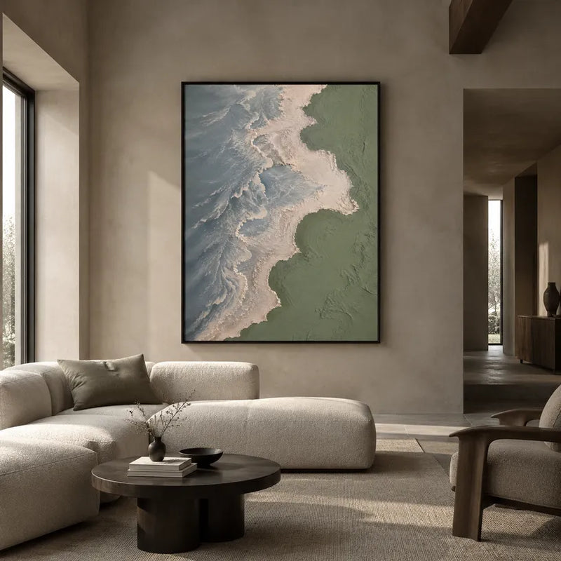 Peinture à l'huile abstraite et conceptuelle en plâtre et texture présentant des marques abstraites superposées, une texture et un mouvement pictural expressif dans une palette verte.