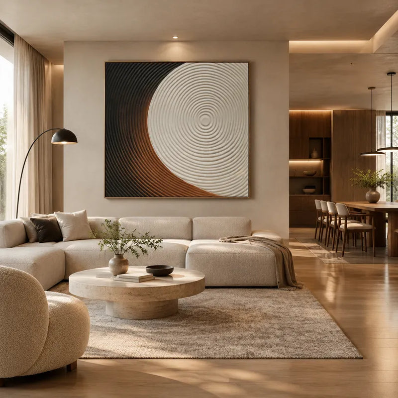 Peinture à l'huile abstraite et conceptuelle en plâtre et texture présentant des marques abstraites superposées, une texture et un mouvement pictural expressif dans une palette beige.