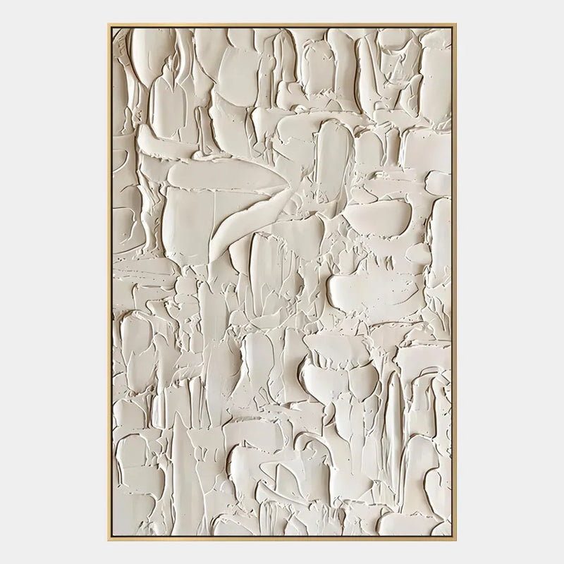 Peinture à l'huile abstraite et conceptuelle en plâtre et texture présentant des marques abstraites superposées, une texture et un mouvement pictural expressif dans une palette beige.