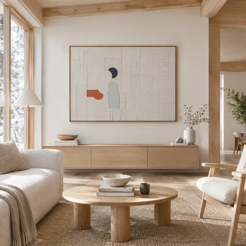 Peinture à l'huile abstraite et conceptuelle en plâtre et texture présentant des marques abstraites superposées, une texture et un mouvement pictural expressif dans une palette beige.