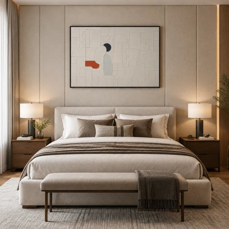 Peinture à l'huile abstraite et conceptuelle en plâtre et texture présentant des marques abstraites superposées, une texture et un mouvement pictural expressif dans une palette beige.